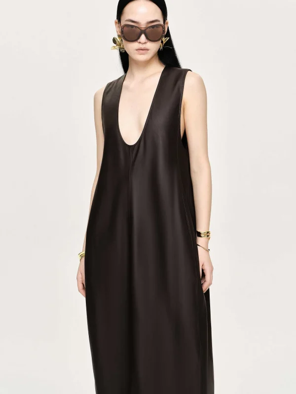 Source Unknown Clothing-Adua Faux Leather Maxi Dress, Chocolate