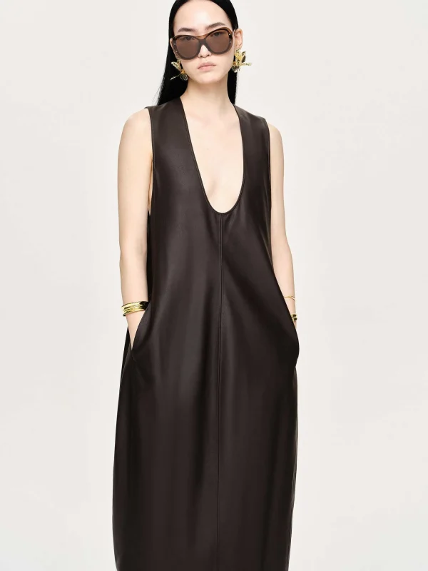 Source Unknown Dresses-Adua Faux Leather Maxi Dress, Chocolate