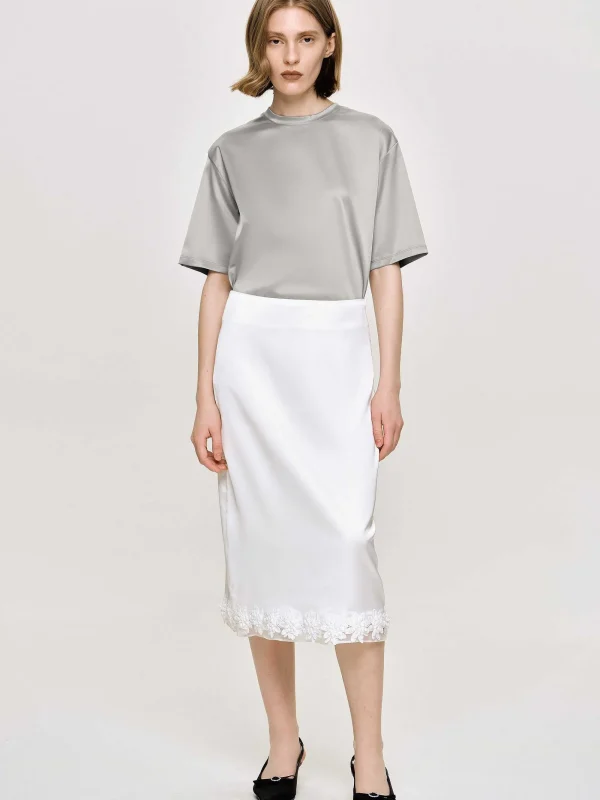 Source Unknown Bottoms-Applique Satin Skirt, White