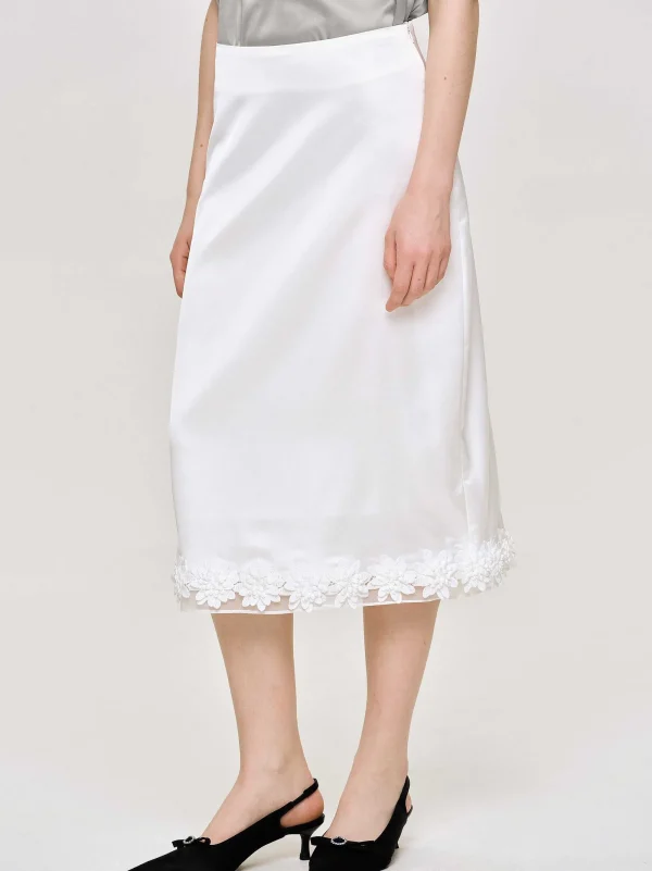 Source Unknown Bottoms-Applique Satin Skirt, White