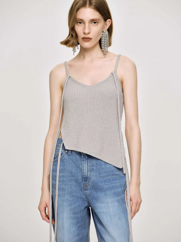 Source Unknown Knitwear-Asymmetric Knit Tank Top, Fossil Grey