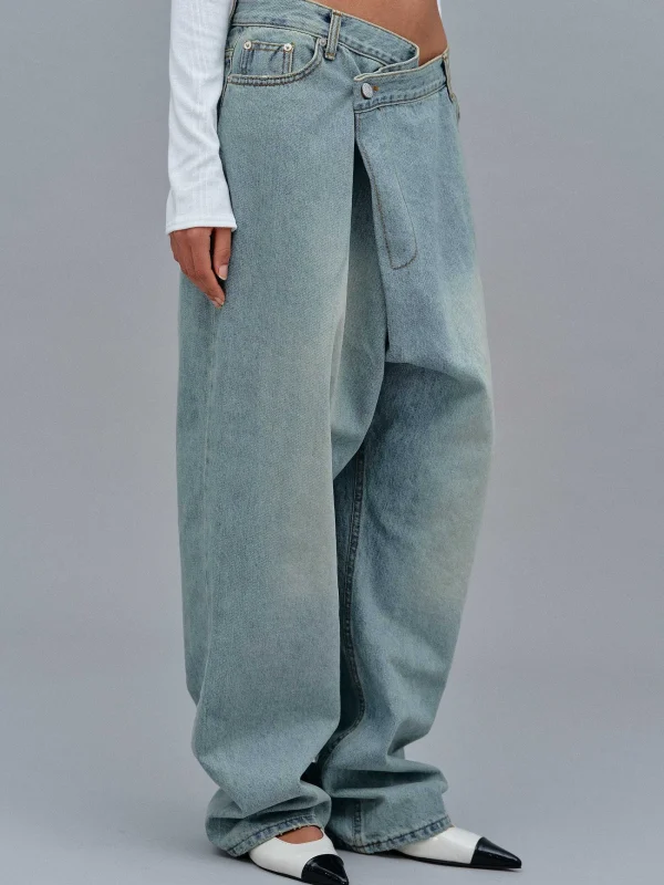 Source Unknown Denim-Asymmetric Wrap Faded Jeans, Stone Wash