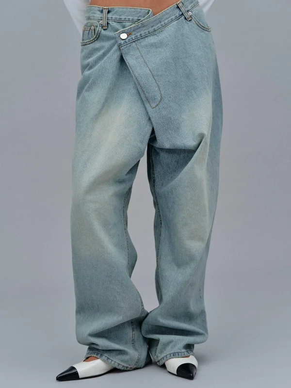 Source Unknown Clothing-Asymmetric Wrap Faded Jeans, Stone Wash