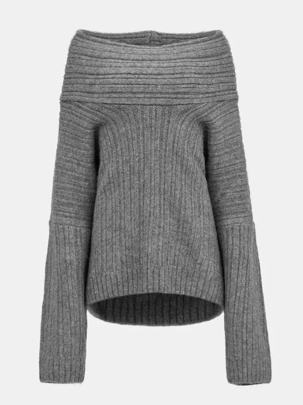 Source Unknown Accessories-Becca Oversized High Roll Knit Pullover, Storm Grey