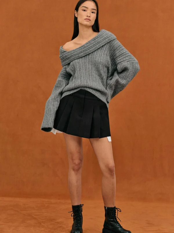 Source Unknown Accessories-Becca Oversized High Roll Knit Pullover, Storm Grey