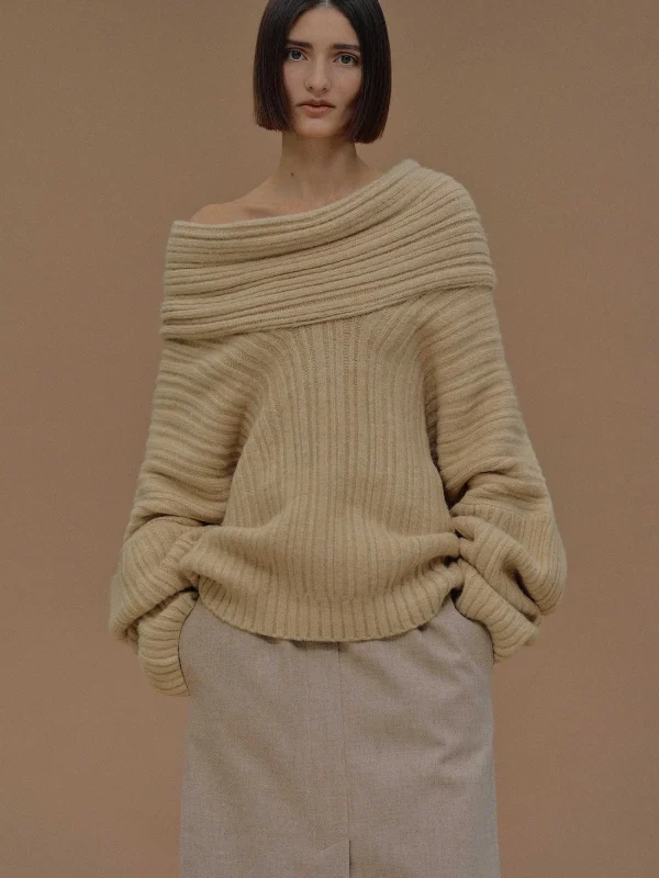 Source Unknown Accessories-Becca Oversized High Roll Knit Pullover, Butter