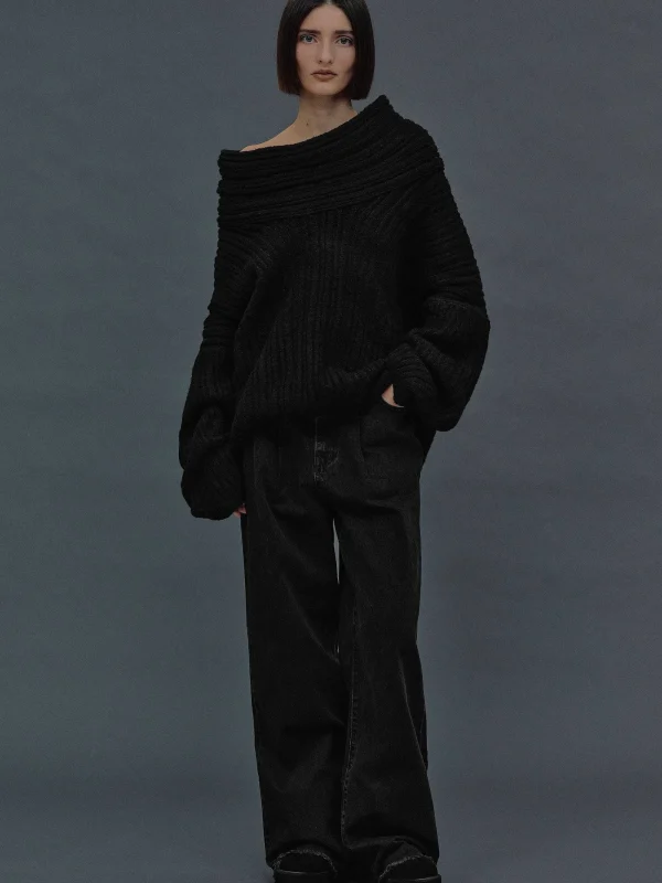 Source Unknown Accessories-Becca Oversized High Roll Knit Pullover, Black