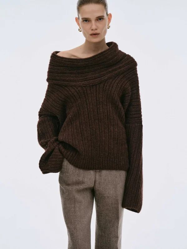 Source Unknown Accessories-Becca Oversized High Roll Knit Pullover, Chocolate