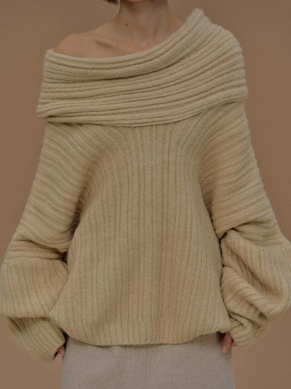 Source Unknown Accessories-Becca Oversized High Roll Knit Pullover, Butter