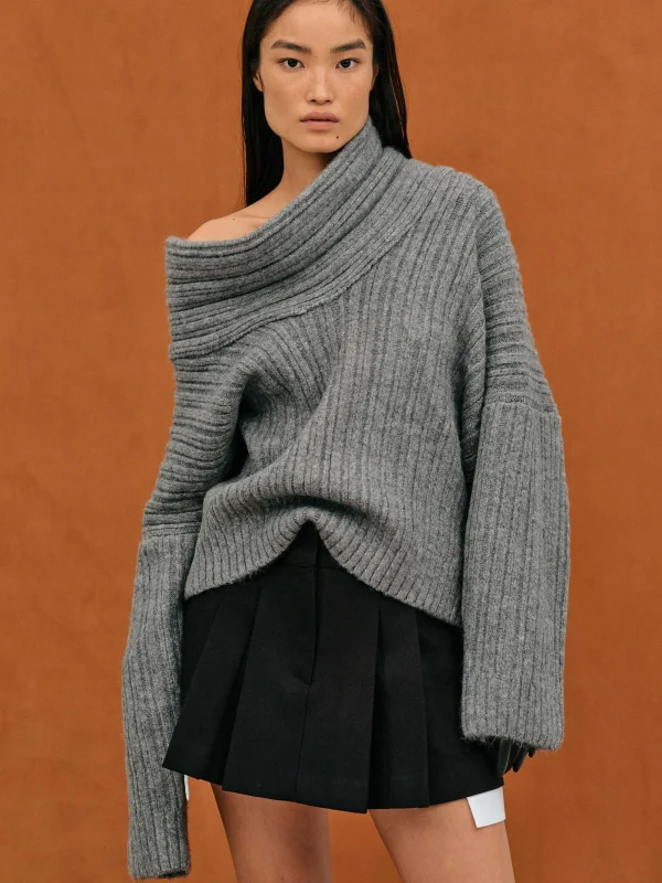 Source Unknown Accessories-Becca Oversized High Roll Knit Pullover, Storm Grey