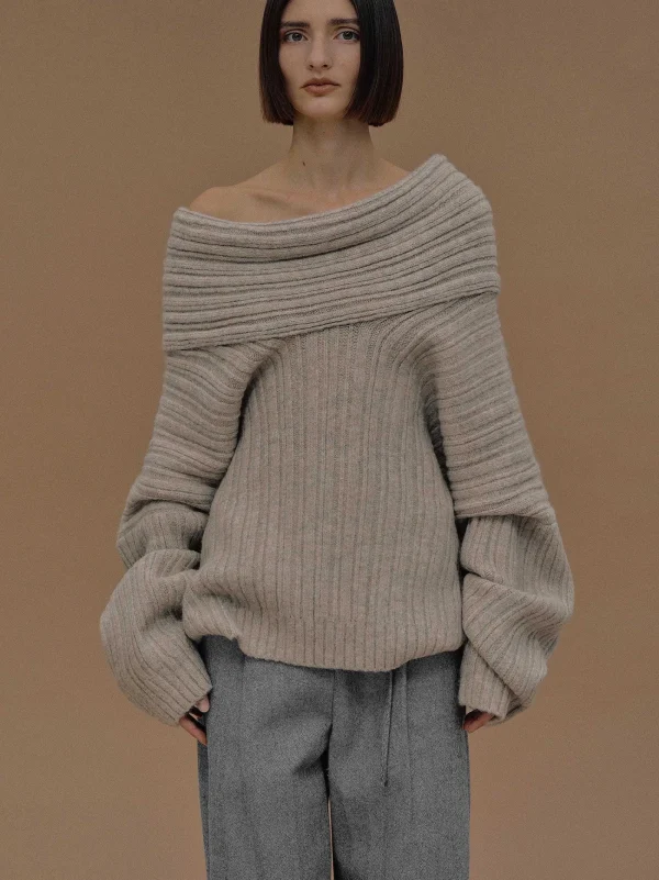 Source Unknown Accessories-Becca Oversized High Roll Knit Pullover, Coconut