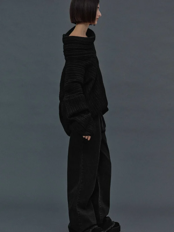 Source Unknown Accessories-Becca Oversized High Roll Knit Pullover, Black