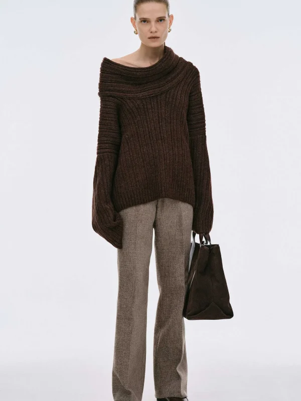 Source Unknown Accessories-Becca Oversized High Roll Knit Pullover, Chocolate