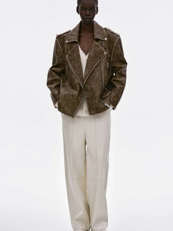 Source Unknown Accessories-Bianca Faux Leather Biker Jacket, Washed Brown