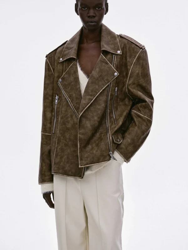 Source Unknown Accessories-Bianca Faux Leather Biker Jacket, Washed Brown
