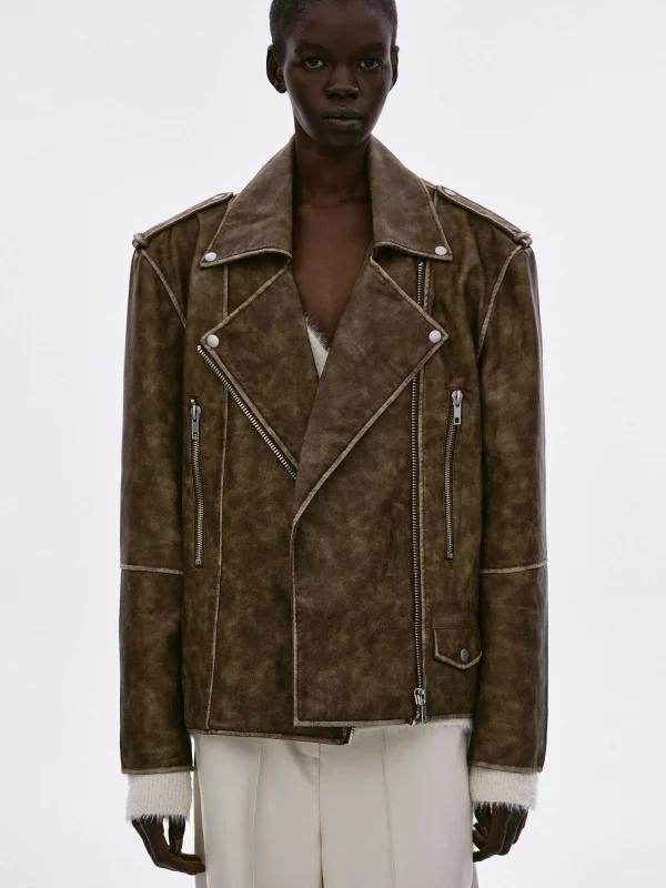 Source Unknown Accessories-Bianca Faux Leather Biker Jacket, Washed Brown