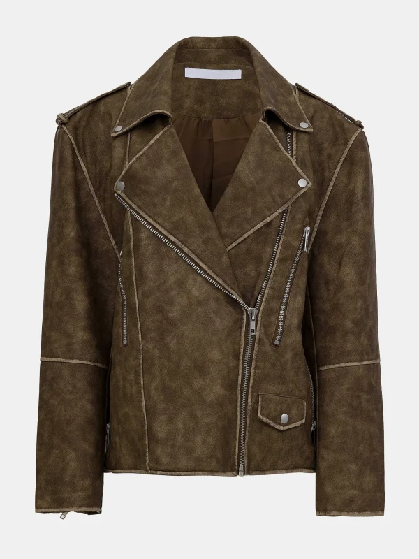 Source Unknown Accessories-Bianca Faux Leather Biker Jacket, Washed Brown