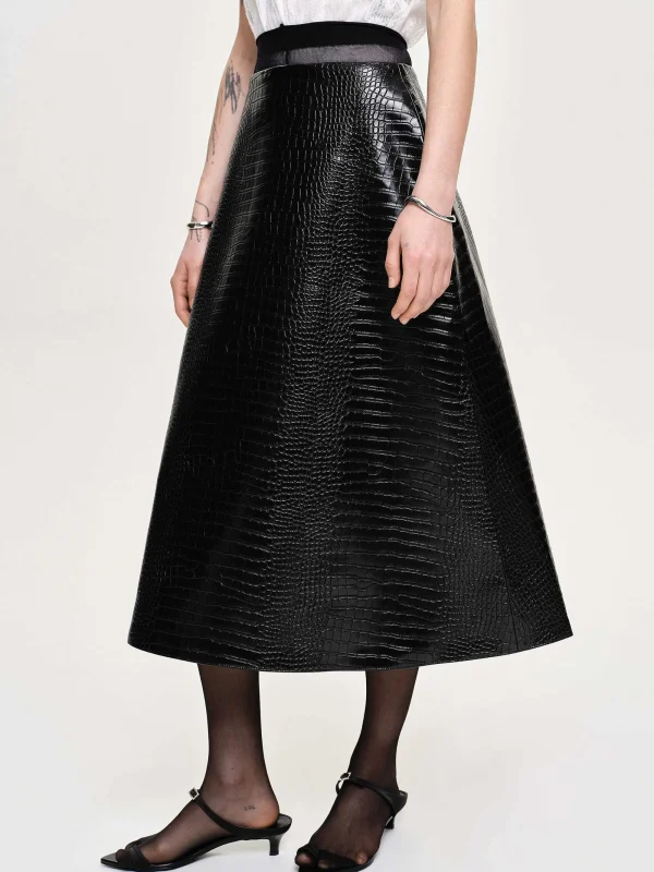 Source Unknown Clothing-Croc-Embossed Midi Skirt, Black