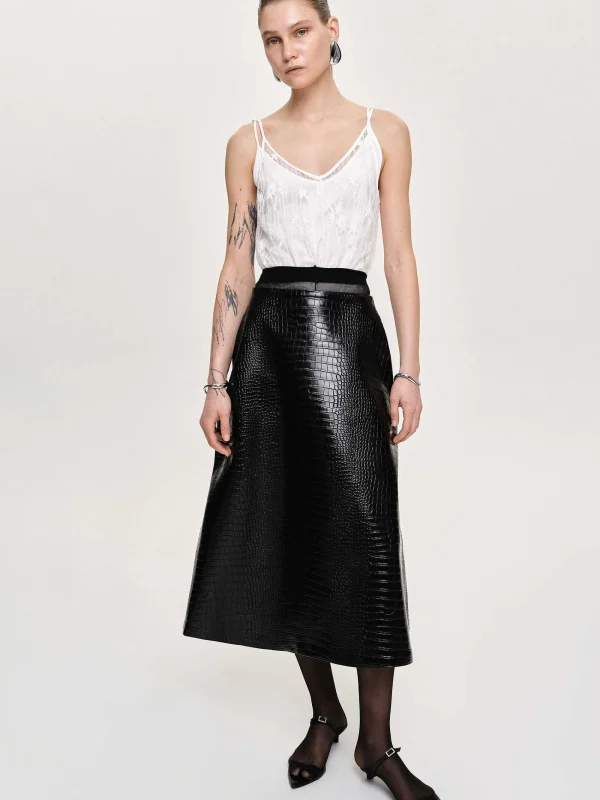 Source Unknown Clothing-Croc-Embossed Midi Skirt, Black