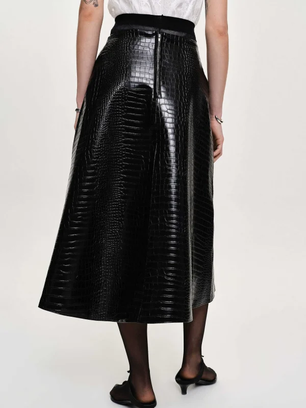 Source Unknown Clothing-Croc-Embossed Midi Skirt, Black