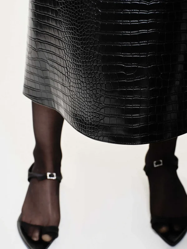 Source Unknown Clothing-Croc-Embossed Midi Skirt, Black