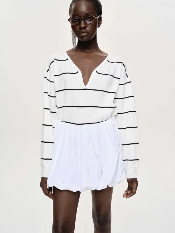 Source Unknown Knitwear-Deep V-Neck Sweater, White Stripe