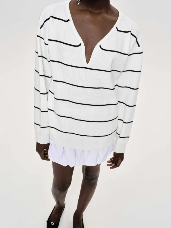 Source Unknown Clothing-Deep V-Neck Sweater, White Stripe