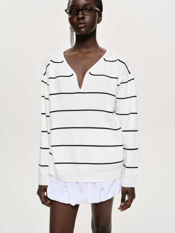 Source Unknown Knitwear-Deep V-Neck Sweater, White Stripe