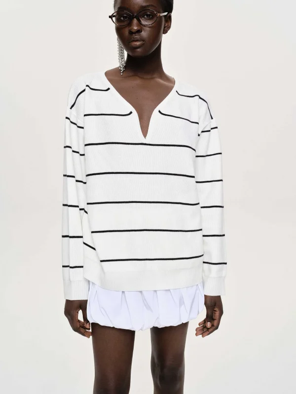 Source Unknown Knitwear-Deep V-Neck Sweater, White Stripe