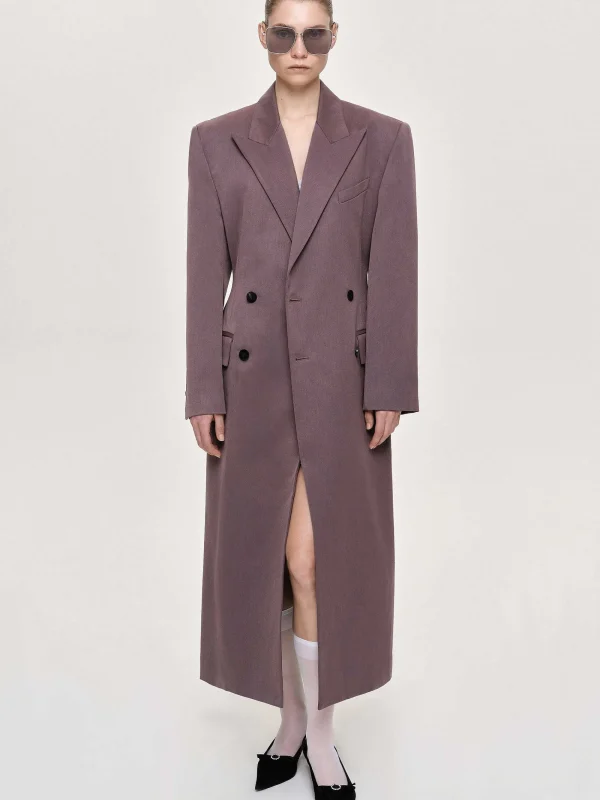 Source Unknown Outerwear-Delphina Long Hourglass Coat, Mauve Grey