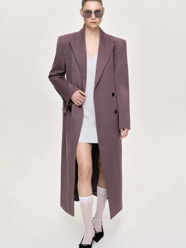 Source Unknown Outerwear-Delphina Long Hourglass Coat, Mauve Grey