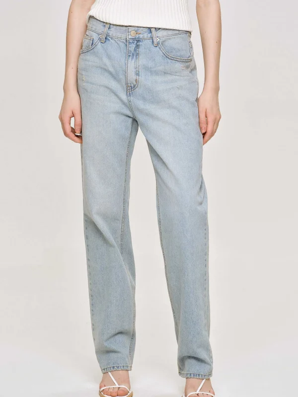 Source Unknown Clothing-Distressed Straight Jeans, Light Vintage Blue