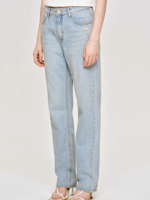 Source Unknown Clothing-Distressed Straight Jeans, Light Vintage Blue