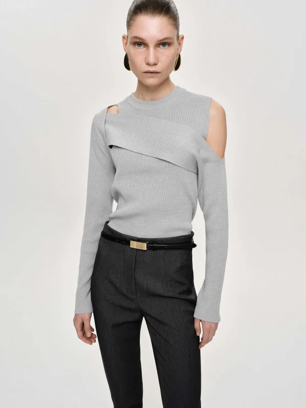 Source Unknown Knitwear-Draped Cut-Out Knit, Taupe Gray