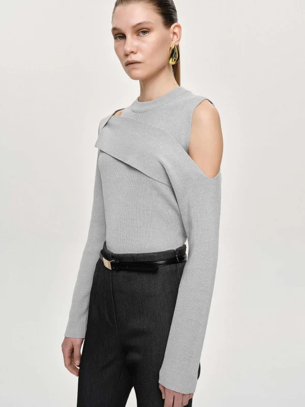 Source Unknown Knitwear-Draped Cut-Out Knit, Taupe Gray