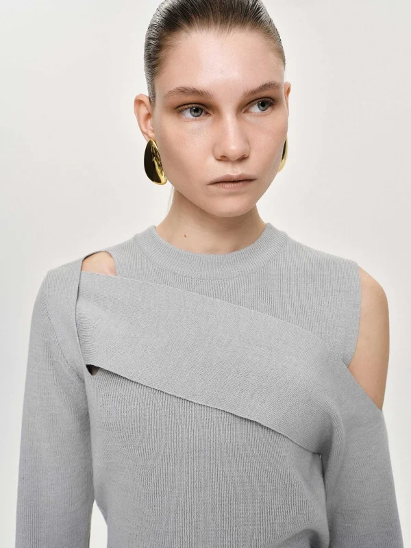 Source Unknown Knitwear-Draped Cut-Out Knit, Taupe Gray