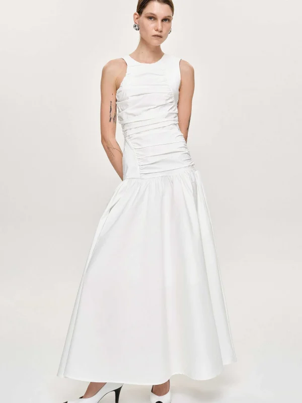 Source Unknown Accessories-Drop Waist Ruched Dress, Off White