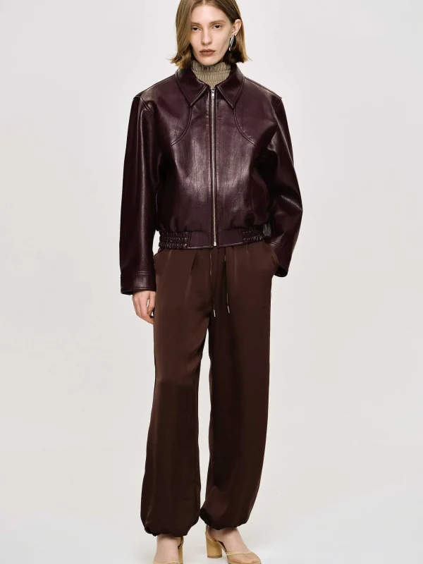 Source Unknown Accessories-Ennio Faux-Leather Bomber Jacket, Mahogany