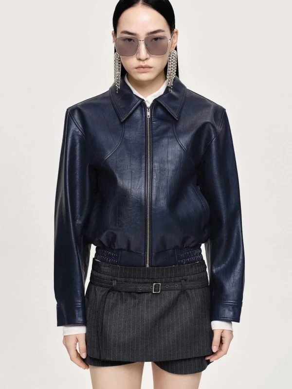 Source Unknown Accessories-Ennio Faux-Leather Bomber Jacket, Navy