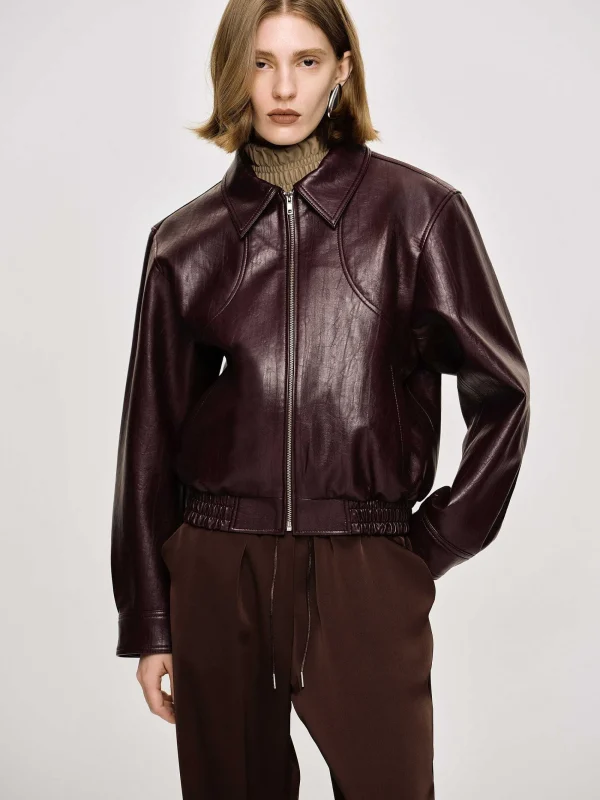 Source Unknown Accessories-Ennio Faux-Leather Bomber Jacket, Mahogany