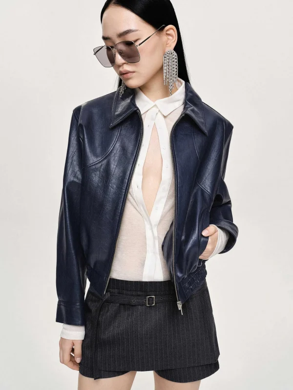 Source Unknown Accessories-Ennio Faux-Leather Bomber Jacket, Navy