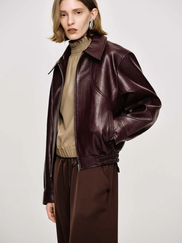 Source Unknown Accessories-Ennio Faux-Leather Bomber Jacket, Mahogany