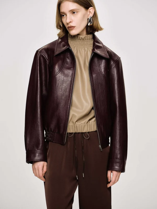 Source Unknown Accessories-Ennio Faux-Leather Bomber Jacket, Mahogany