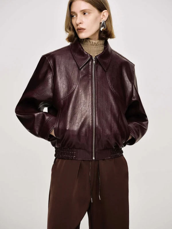 Source Unknown Accessories-Ennio Faux-Leather Bomber Jacket, Mahogany