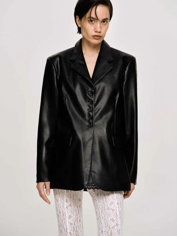 Source Unknown Clothing-Faux Leather Button Jacket, Black