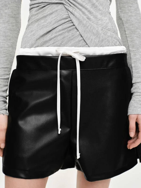 Source Unknown Clothing-Faux Leather Layered Shorts, Black