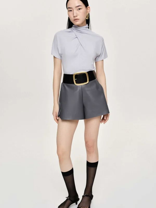 Source Unknown Accessories-Faux Leather Shorts, Fossil Grey