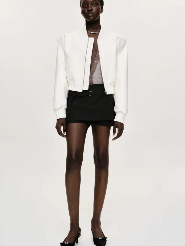 Source Unknown Clothing-Faux-Leather Bomber Jacket, White