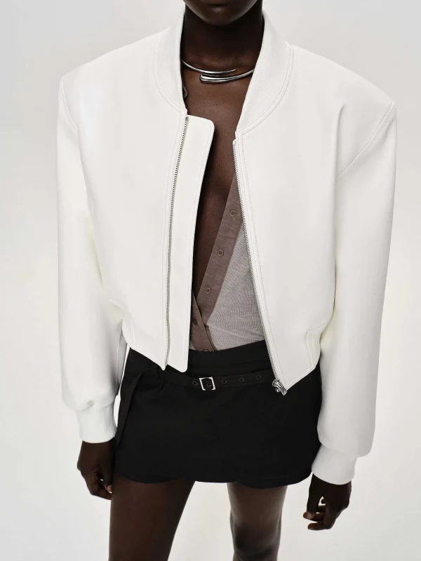 Source Unknown Clothing-Faux-Leather Bomber Jacket, White