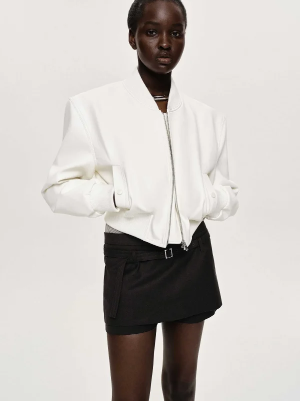 Source Unknown Clothing-Faux-Leather Bomber Jacket, White